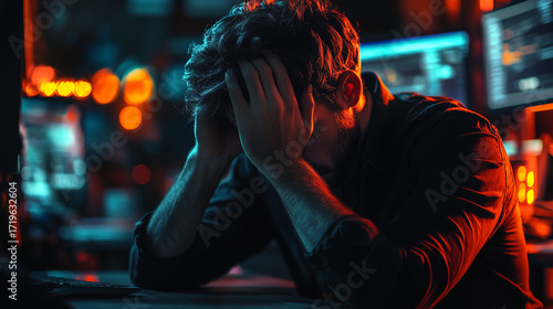 An overwhelmed person sits slumped at a desk, head in hands, surrounded by the blue and orange glow of computer monitors.