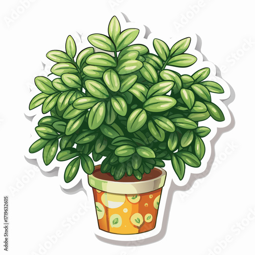Scalable vector illustration of a lush green houseplant in a decorative pot sticker style