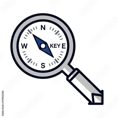 Vector Duality Icon Illustrating a Magnifying Glass with an Integrated Compass, Symbolizing Strategic Direction, Insightful Exploration, and Analytical Search for Guidance