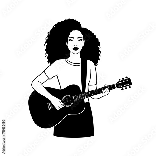 Black and white line art of a cool woman playing guitar in casual outfit minimalist stylish illustration