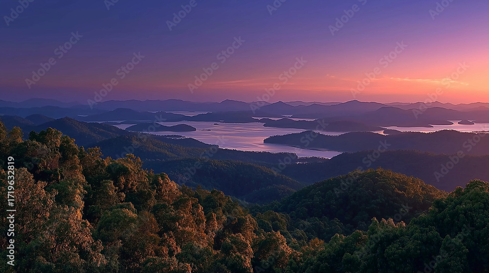 Obraz premium Mountain Vista's Dawn Embrace: A panoramic vista captures the serenity of dawn, with layered mountain ranges gently fading into the ethereal sky and the distant lake reflects the pastel hues.