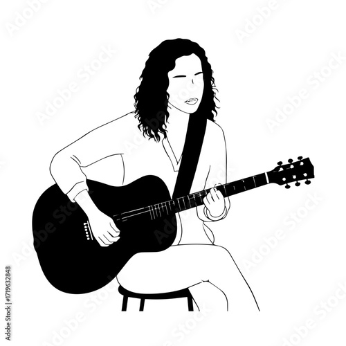Black and white line art of a cool woman playing guitar in casual outfit minimalist stylish illustration