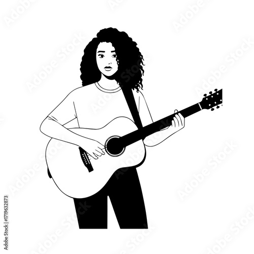 Black and white line art of a cool woman playing guitar in casual outfit minimalist stylish illustration