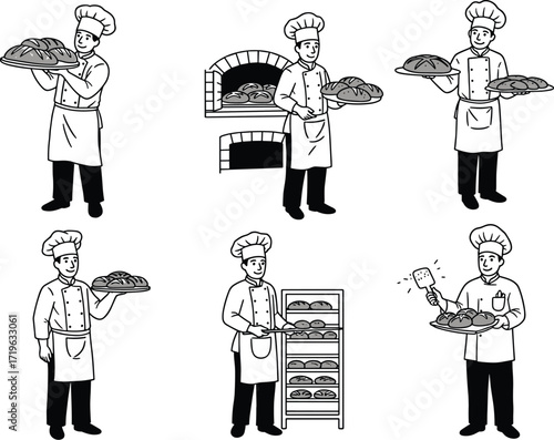Black silhouettes of bakers, chefs, and pastry chefs working with food, dough, and kitchen tools, a vector set.