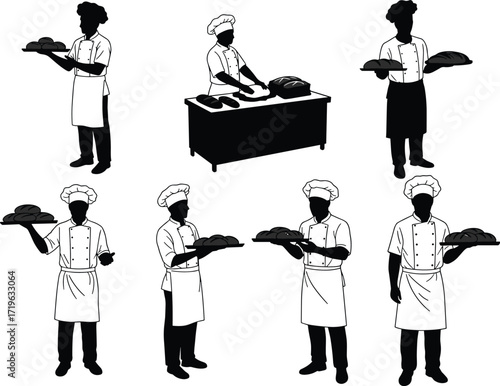 Black silhouettes of bakers, chefs, and pastry chefs working with food, dough, and kitchen tools, a vector set.