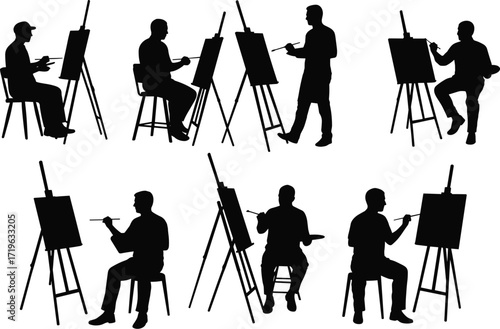 Black silhouettes of artists painting on canvases with easels, creating art, studio, isolated on white background, vector set.