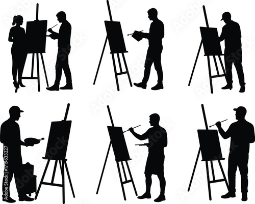 Black silhouettes of artists painting on canvases with easels, creating art, studio, isolated on white background, vector set.