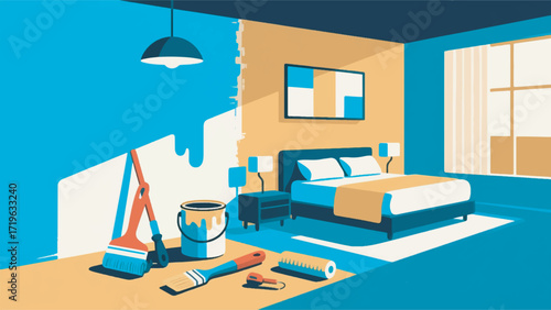 Illustration Of Room Renovation Concept With Wall Paint And Painting Equipment Vector Design Template
