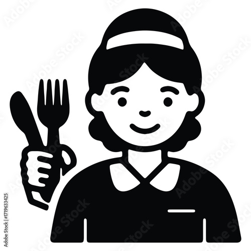Icon of a waitress or server holding cutlery representing service industry