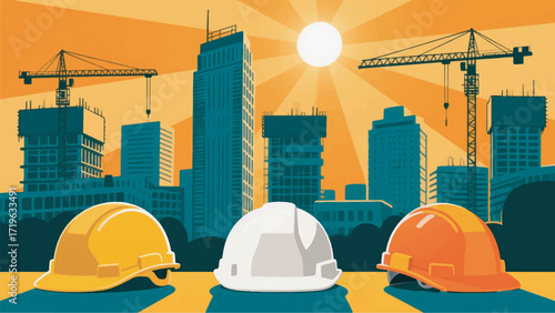 Illustration Of Three Project Helmets With A Building Construction Background Vector Design Template