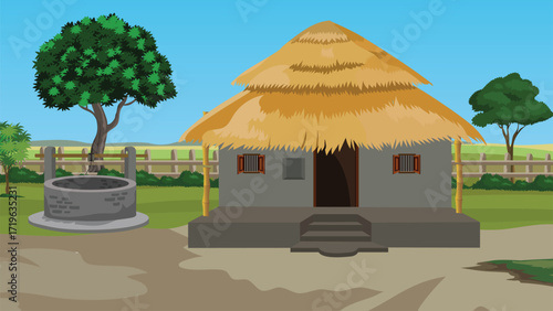 Escape to the Countryside with this Charming Thatched Roof Hut and Serene Landscape, Perfect for Storytelling and Nostalgic Projects