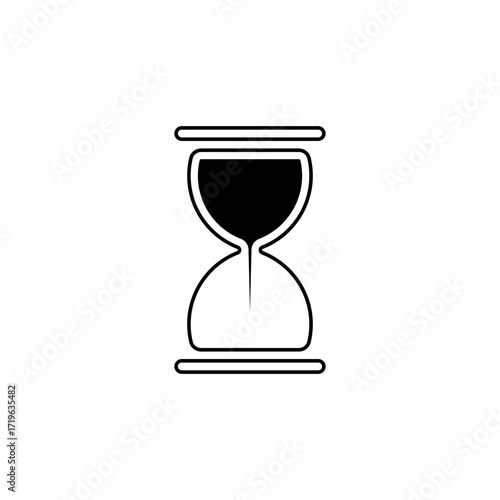 Black and white illustration of an hourglass with sand filling the upper portion, symbolizing time.