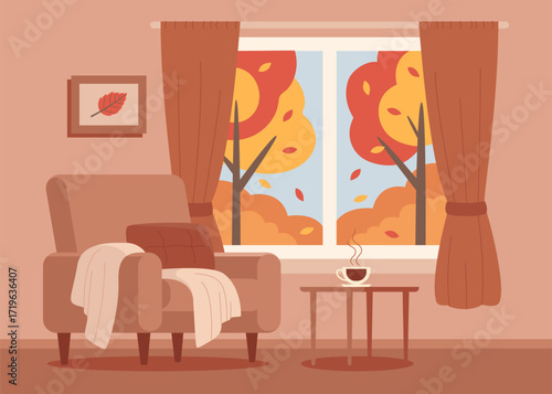 Cozy living room with armchair and autumn view from window. Seasonal home interior. Warm fall decor and comfortable atmosphere. Vector flat illustration