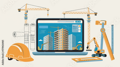 Illustration Of A Laptop Screen Showing A Construction Project With Buildings Vector Design Template