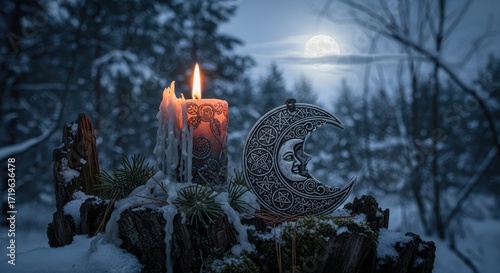 Winter Solstice Enchantment Candle and Crescent Moon Symbol in Snowy Forest