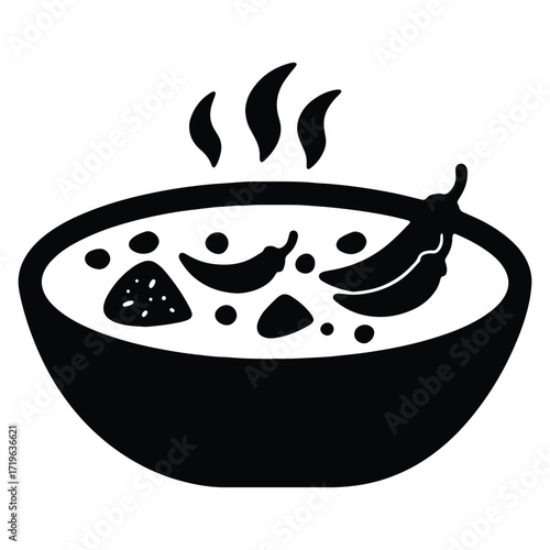 Steaming Bowl of Spicy Chili Graphic Icon Black and White