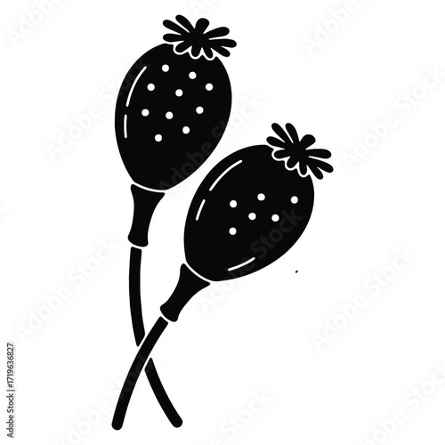 Stylized poppy seed heads in black and white graphic illustration