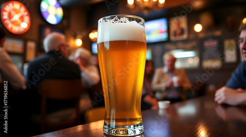Pint glass of cold fresh beer with foam standing on the table in pub with people on the background