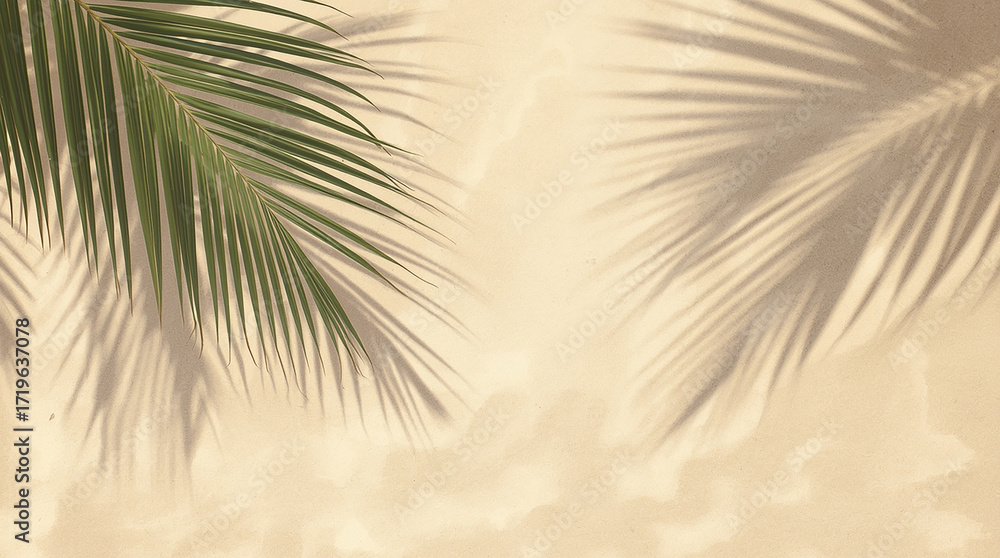 Fototapeta premium Tropical Palm Leaf Shadows on Sand Background for Summer Beach Day, Minimal Sunlight and Flat Lay Arrangement