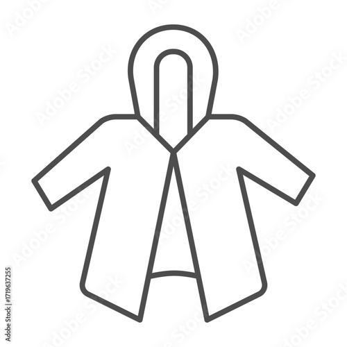 Cellophane raincoat with hood thin line icon, workwear concept. Vector graphics. Raincoat with head protection, safety sign on white background, outline style icon for mobile or web design.