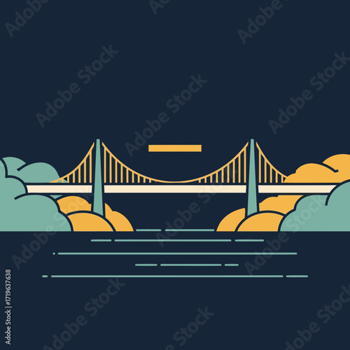 Abstract Vector Icon Capturing the Duality of a Majestic Suspension Bridge, seamlessly blending architectural grandeur with serene natural elements under a warm sunset sky