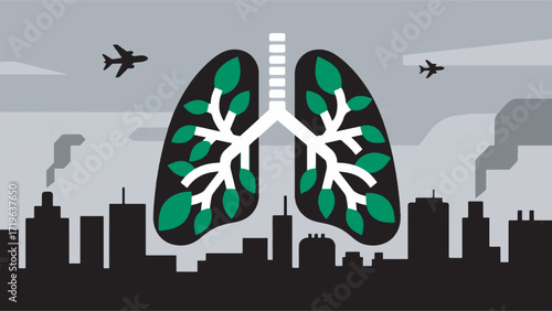 Illustration Of Lungs Shaped Like Trees With White Branches With A City Silhouette Vector Design Template