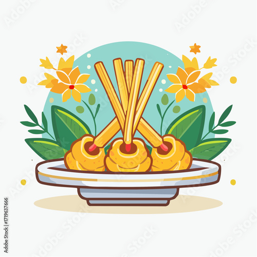 Delicious Fried Food on Plate with Floral Decorations