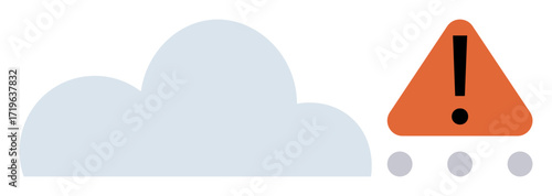 Cloud graphic next to orange alert triangle with exclamation mark and dotted line. Ideal for data security, system error, cloud computing, risk management, IT issues, online threats, simple flat