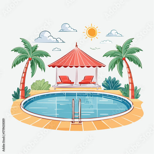 Tropical Poolside Relaxation: Red Roof Gazebo, Palm Trees, Sunny Day