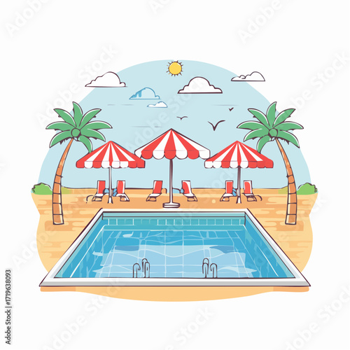 Tropical Poolside Relaxation: Red And White Striped Umbrellas, Palm Trees, and Ocean View
