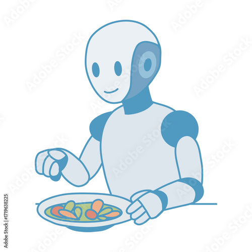 young robot holding a bowl of food. isolated on white background. vector stock