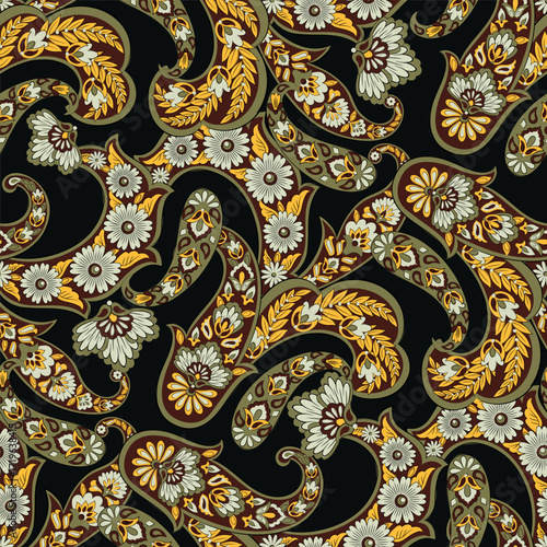 Paisley vector seamless design flowers and leaves in a batik-inspired style. Vintage fabric backdrop
