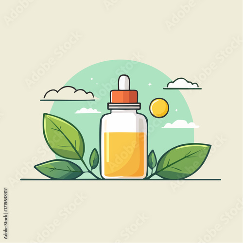 Yellow Essential Oil Bottle with Green Leaves