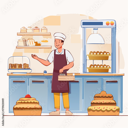 Baker Showing Delicious Cakes and Pastries in a Bakery Shop
