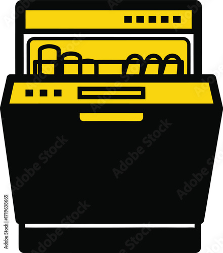 Stylized illustration of an open dishwasher with dishes inside