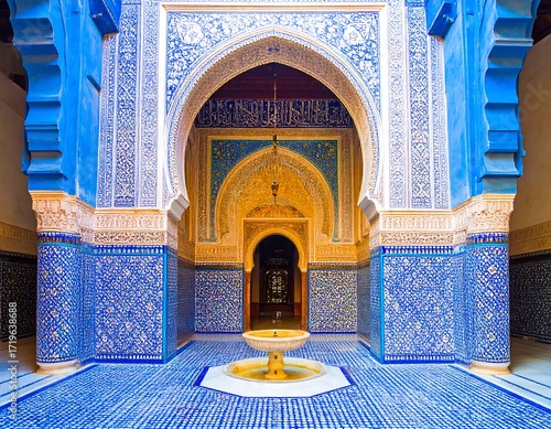 Intricate blue & gold Moroccan courtyard