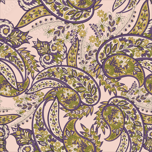 Hand drawn floral paisley seamless vector pattern. Batik style fabric