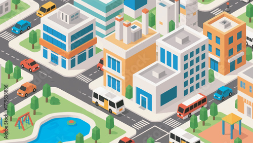 Low Poly Isometric Cityscape Illustration Featuring Various Buildings Vector Design Template