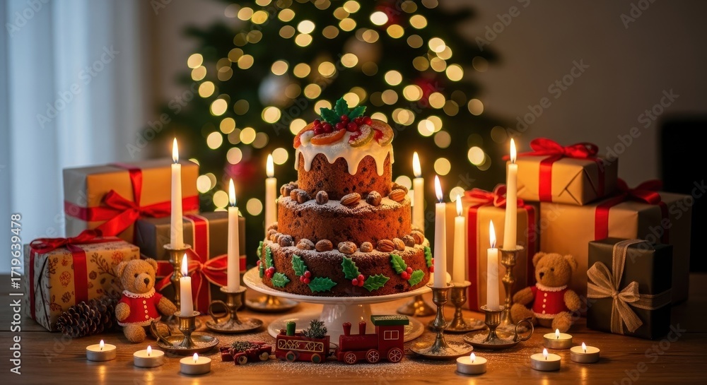 Fototapeta premium Festive Christmas Cake Surrounded by Candles and Gifts Warm Holiday Atmosphere