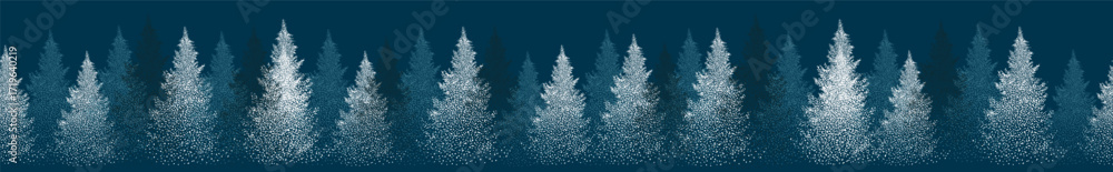 Fototapeta premium Christmas. Winter horizontal background. Winter Forest background. Christmas trees of dots. Christmas seamless background. hand drawing. Not AI. Vector illustration