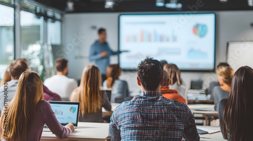 Group of diverse individuals attentively listening to a presentation in a modern conference room, with charts displayed on a large screen, showcasing professional development and teamwork