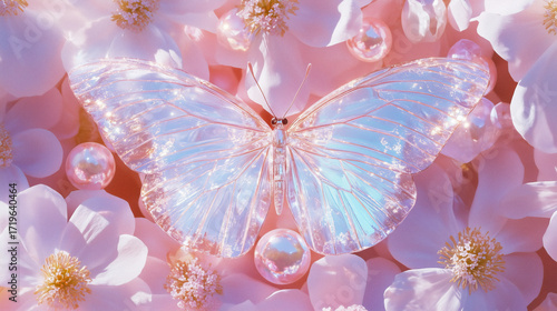 Delicate fairy butterfly with translucent crystal wings perched on pink diamond, surrounded by rose quartz spheres and watercolor flower garden