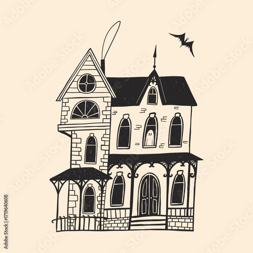 Isolated hand drawn vector doodle of a haunted house for Halloween and horror designs. Spooky vector illustration with a ghost and a bat.