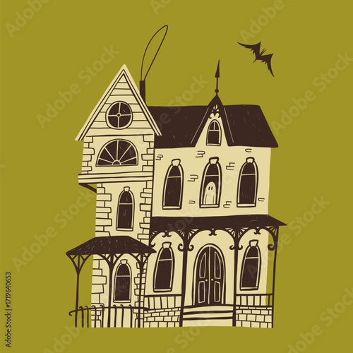 Isolated hand drawn vector doodle of a haunted house in color. Spooky Halloween vector illustration with a ghost and a bat on an olive green background.