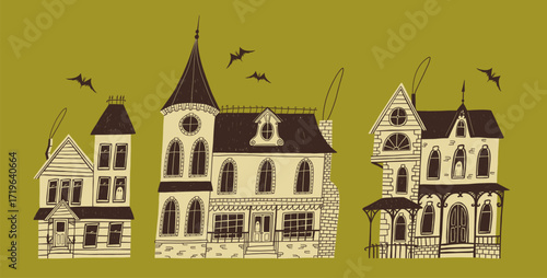 Collection of hand drawn vector doodle haunted houses in color for Halloween and horror designs. Spooky vector illustration with ghosts and bats for poster or background on an olive green background.
