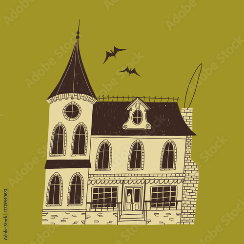 Isolated hand drawn vector doodle of a creepy haunted house in color. Spooky vector doodle with bats and a ghost for Halloween themes on olive green.