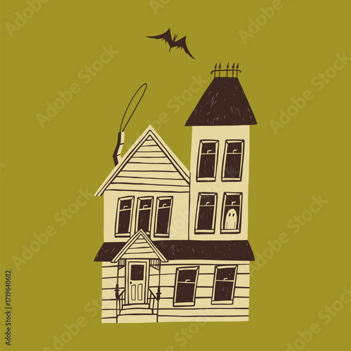 Isolated hand drawn vector doodle of a haunted house in color for Halloween designs. Spooky and scary vector illustration with a ghost and a flying bat.