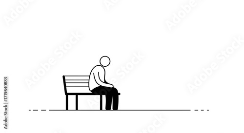 Solitary figure sits pensively on a park bench, minimalist illustration.