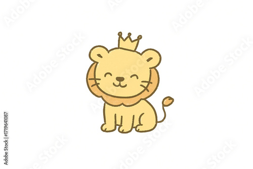 Cute cartoon lion wearing a small crown sitting happily