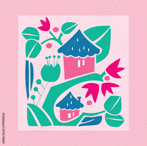 pink village in large flowers
